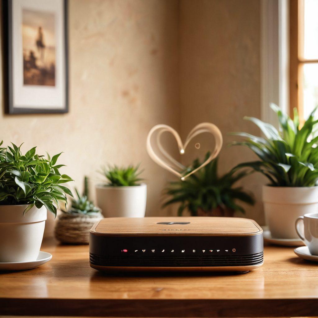 A cozy home setting with a stylish router prominently placed on a wooden table, surrounded by warm lighting, soft textiles, and decorative plants. Subtle romantic elements like heart-shaped decor and wispy clouds of connectivity signals gently rising from the router. The background features a soft-focus image of family enjoying high-speed internet together. warm colors. soft focus. super-realistic.
