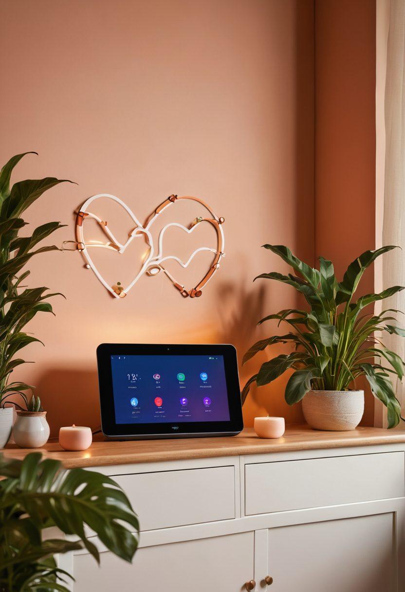 A cozy, warm-toned home interior highlighting a sleek WiFi router with customized DD-WRT firmware interface displayed on a digital screen. Stylish furnishings, plants, and soft lighting create a romantic atmosphere, while digital signals (waves) emanate from the router, symbolizing enhanced connectivity. Include whimsical heart shapes subtly integrated into the design to represent the romantic benefits. painting. vibrant colors. cozy atmosphere.